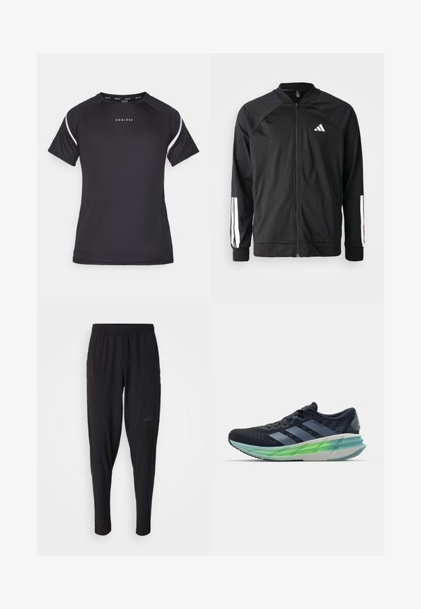 Czarna kurtka sportowa z zamkiem z przodu, raglanowymi rękawami, białym logo Adidas oraz białymi paskami na rękawach. Gładki materiał z elastycznymi mankietami.; Endless APHEX czarny; Czarne spodnie sportowe z elastycznym pasem, zwężanym krojem, bocznymi kieszeniami i subtelnym logo. Wykonane z elastycznego, przewiewnego materiału.; Czarno-niebieski but sportowy z siateczkową cholewką, trzema białymi paskami, zieloną przezroczystą podeszwą i wyraźnym wzorem teksturowym. Lekka konstrukcja.
