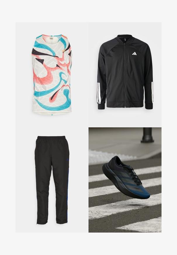 Black athletic jacket with a front zipper, raglan sleeves, white Adidas logo, and white stripes on sleeves. Smooth fabric with elastic cuffs.; Sleeveless athletic top made of mesh fabric. Features a multi-color abstract pattern in pink, blue, and black. Round neck design.; Black track pants with blue side stripes, elastic waistband, smooth texture, and tapered legs. Features logo near the waistband.; Black and blue athletic shoe with a streamlined design, featuring a textured upper, contrasting stripes, and a cushioned sole, hovering over pavement.