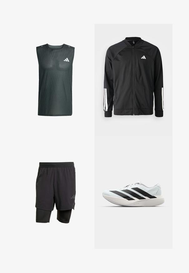 Giacca atletica nera con zip frontale, maniche raglan, logo Adidas bianco e strisce bianche sulle maniche. Tessuto liscio con polsini elasticizzati.; Gilet senza maniche di colore grigio scuro, realizzato in tessuto a rete, con un motivo sottile, scollatura rotonda e un logo bianco sulla parte sinistra del petto.; Pantaloni sportivi neri con strato interno integrato, realizzati in tessuto traspirante. Presentano un logo discreto e una texture strutturata. Vita regolabile.; Scarpe da corsa leggere di colore azzurro pallido con strisce nere. Presentano una tomaia liscia, punta rotonda e un'ampia intersuola bianca etichettata "LIGHTSTRIKE PRO."