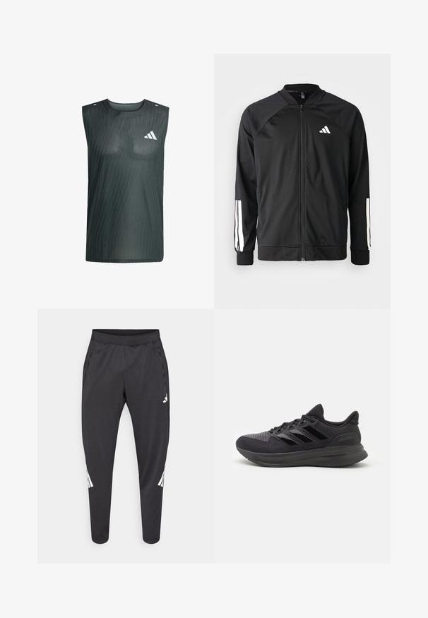 Schwarze Sportjacke mit einem Frontreißverschluss, Raglanärmeln, weißem Adidas-Logo und weißen Streifen an den Ärmeln. Glattes Gewebe mit elastischen Bündchen.; Ärmellose, dunkelgraue Weste aus Meshmaterial, mit einem dezenten Muster, rundem Ausschnitt und einem weißen Logo auf der linken Brustseite.; Schwarze Sporthose mit zulaufenden Beinen, elastischem Bund, Seitentaschen und weißen Logo- und Streifendetails. Hergestellt aus einem glatten, leichten Material.; Schwarzer Sportschuh mit strukturiertem Obermaterial aus Stoff, Gummisohle und drei glänzenden schwarzen Streifen an der Seite. Abgerundete Zehenpartie und gepolsterte Ferse.
