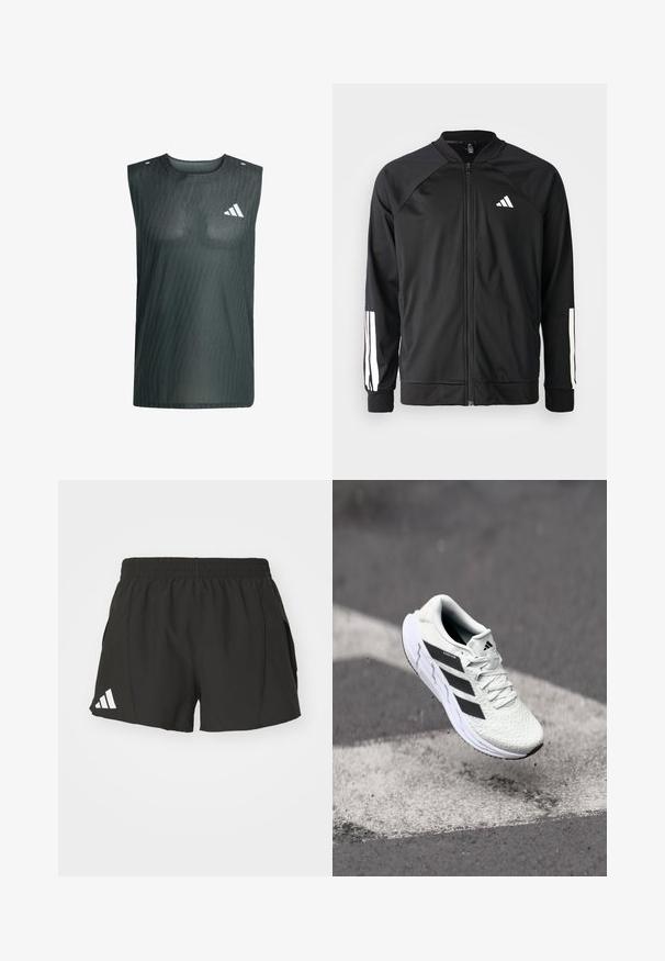 Black athletic jacket with a front zipper, raglan sleeves, white Adidas logo, and white stripes on sleeves. Smooth fabric with elastic cuffs.; Sleeveless dark gray vest made of mesh fabric, featuring a subtle pattern, rounded neckline, and a white logo on the left chest area.; Black athletic shorts made of lightweight material, featuring an elastic waistband, side pockets, and a white Adidas logo on the left leg.; White athletic shoe with textured mesh upper, black stripes, lace closure, and a cushioned sole, levitating above a marked road surface.
