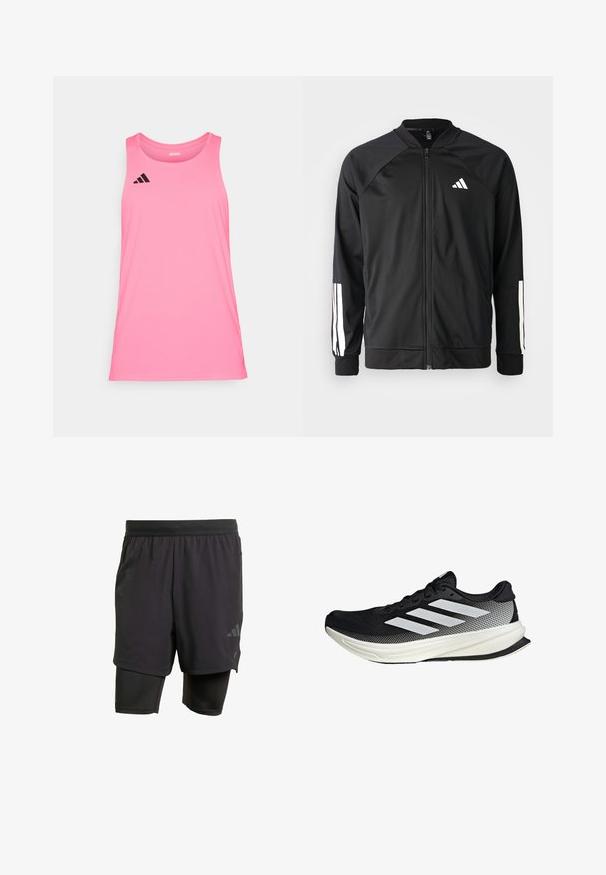 Giacca atletica nera con zip frontale, maniche raglan, logo Adidas bianco e strisce bianche sulle maniche. Tessuto liscio con polsini elasticizzati.; Top da allenamento rosa realizzato in materiale leggero, con scollatura rotonda e design senza maniche. Presenta il logo Adidas nero sul lato sinistro del petto.; Pantaloni sportivi neri con strato interno integrato, realizzati in tessuto traspirante. Presentano un logo discreto e una texture strutturata. Vita regolabile.; Scarpa sportiva nera con design in rete, caratterizzata da strisce bianche, punta arrotondata e suola testurizzata per aderenza e supporto.