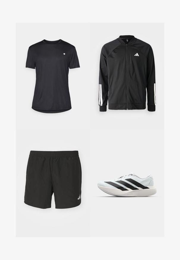 Casaco atlético preto com fecho na frente, mangas raglan, logotipo Adidas branco e riscas brancas nas mangas. Tecido suave com punhos elásticos.; T-shirt preto de mangas curtas feito de tecido suave, com decote redondo e um pequeno logótipo branco na área esquerda do peito.; Calças de desporto pretas com cintura elástica, rachas laterais e detalhes reflectores no logótipo. Feitas de um tecido leve e suave.; Tênis de corrida leves em azul pálido com riscas pretas. Apresentam um cabedal liso, bico redondo e uma entressola espessa branca rotulada como "LIGHTSTRIKE PRO."