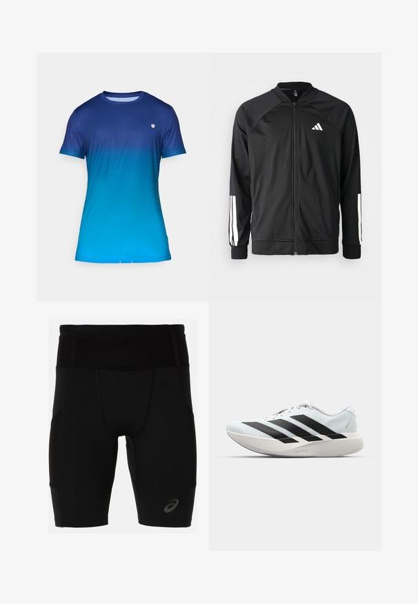 Black athletic jacket with a front zipper, raglan sleeves, white Adidas logo, and white stripes on sleeves. Smooth fabric with elastic cuffs.; Blue gradient short-sleeve t-shirt, featuring a smooth texture, round neckline, and a small logo on the chest.; Black athletic shorts with a fitted design, made of smooth material. Features a high waistband and a small logo on the lower left leg.; Lightweight running shoes in pale blue with black stripes. Features a smooth upper, round toe, and thick white midsole labeled "LIGHTSTRIKE PRO."