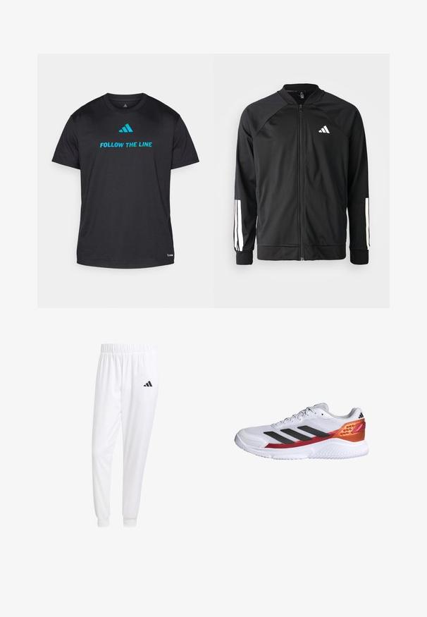 Μαύρο αθλητικό μπουφάν με μπροστινό φερμουάρ, ραγλανικά μανίκια, λευκό λογότυπο Adidas και λευκές ρίγες στα μανίκια. Λείο ύφασμα με ελαστικά μανίκια.; Μαύρο αθλητικό μπλουζάκι φτιαγμένο από ελαφρύ ύφασμα, που διαθέτει το "ΑΚΟΛΟΥΘΗΣΕ ΤΗ ΓΡΑΜΜΗ" σε έντονο μπλε χρώμα και ένα μικρό λογότυπο κοντά στο στρίφωμα.; Λευκά αθλητικά παντελόνια από λείο ύφασμα, με ελαστική μέση και εφαρμοστά μανίκια, που διαθέτουν ένα μαύρο λογότυπο στην πίσω τσέπη.; Λευκό αθλητικό παπούτσι με μαύρες λωρίδες, υφασμένο επάνω μέρος με υφή, κόκκινη και πορτοκαλί λεπτομέρεια στη φτέρνα και λευκή σόλα από καουτσούκ.