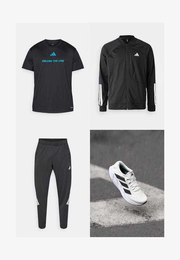 Svart sportjacka med framdraget blixtlås, raglanärmar, vitt Adidas-logotyp och vita ränder på ärmarna. Slät tyg med elastiska mudd.; Svart tränings t-shirt i lättviktsmaterial, med "FOLLOW THE LINE" i klarblått och en liten logotyp nära nederkanten.; Svarta sportbyxor med avsmalnande ben, elastisk midja, sidofickor samt vitt logotyp- och randdetalj. Tillverkade av ett mjukt, lätt material.; Vitt sportskor med strukturerad mesh-överkant, svarta ränder, snörning och en dämpad sula, svävande över en markerad väg.