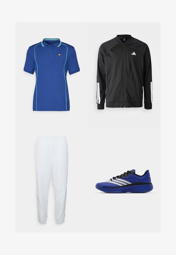 Schwarze Sportjacke mit einem Frontreißverschluss, Raglanärmeln, weißem Adidas-Logo und weißen Streifen an den Ärmeln. Glattes Gewebe mit elastischen Bündchen.; Navyblaues Poloshirt mit kontrastierendem hellblauem Piping, kurzen Ärmeln und einem gerippten Kragen; zeigt ein kleines Markenlogo auf der Brust.; Weiße, leichte, elastische Hosen mit tapered Beinen und elastischen Bündchen. Glatte Textur, keine sichtbaren Muster oder Beschläge.; adidas Performance ADIZERO SELECT 3.0 - Basketballschuh - lucid blue/core black/metallic