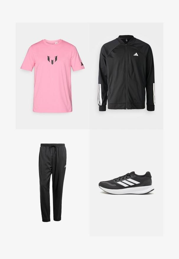 Veste de sport noire avec fermeture éclair à l'avant, manches raglan, logo Adidas blanc et bandes blanches sur les manches. Tissu lisse avec des poignets élastiques.; T-shirt en coton rose avec un col rond, arborant un logo graphique noir sur la poitrine et un petit logo sur la manche droite.; Pantalons de sport noirs avec taille élastique, cordon de serrage, chevilles resserrées et un petit logo blanc sur la cuisse droite.; Baskets de sport noires avec tige en mesh respirant, accents blancs et semelle rembourrée. Présente le logo à trois bandes sur le côté.