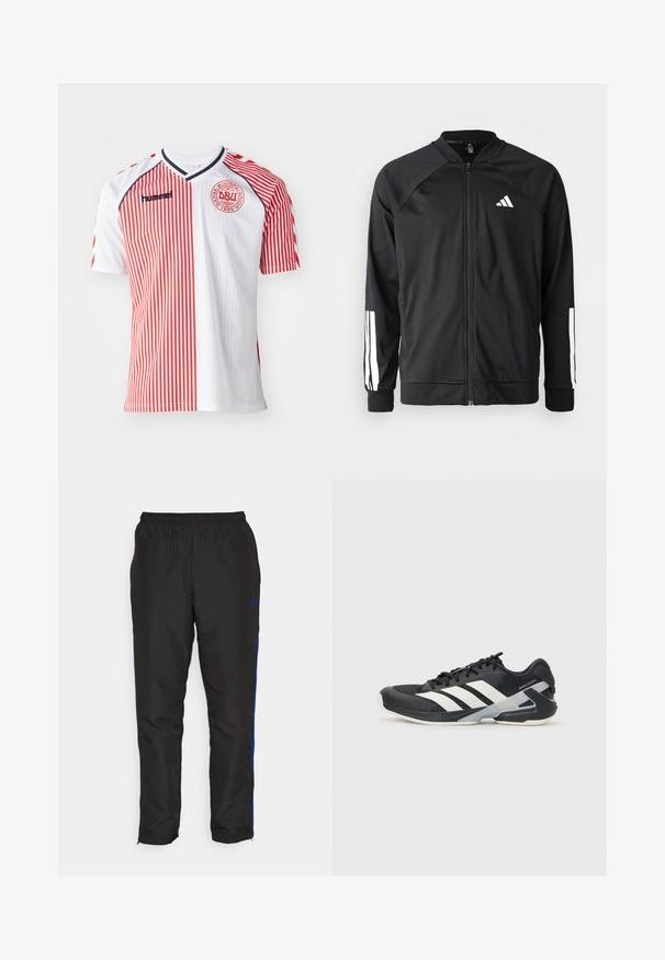 Chaqueta deportiva negra con cremallera frontal, mangas raglán, logo de Adidas en blanco y rayas blancas en las mangas. Tejido suave con puños elásticos.; Jersey de manga corta a rayas rojas y blancas con diseño de cuello en V, que presenta un logo en el pecho y acentos en azul en los hombros.; Pantalones de chándal negros con franjas laterales azules, cinturilla elástica, textura suave y piernas ajustadas. Presenta un logo cerca de la cinturilla.; Zapatilla deportiva negra con franjas blancas, parte superior de malla, punta redondeada y suela acolchada. Presenta un talón texturizado y un sistema de cordones seguro.