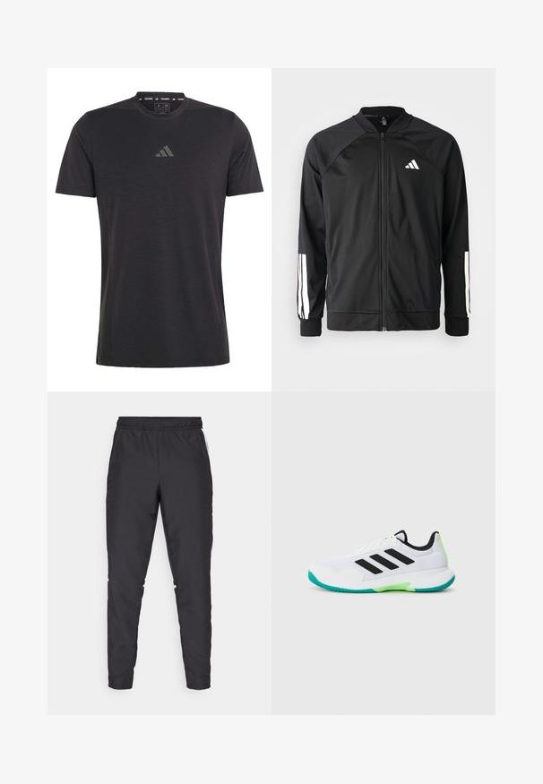 Jachetă sport neagră, cu fermoar frontal, mâneci raglan, logo Adidas alb și dungi albe pe mâneci. Material neted, cu manșete elastice.; Tricou de antrenament negru cu mânecă scurtă, realizat dintr-un material ușor, cu guler rotund și un logo discret embosat pe piept.; Pantaloni de sport negri cu talie elastică, picioare conice și accente laterale albe. Fabricat din material sintetic cu o textură netedă.; Adidași albi cu suprafață din plasă, dungi negre și accente verzi. Prezintă o talpă texturată și un guler căptușit pentru suport.