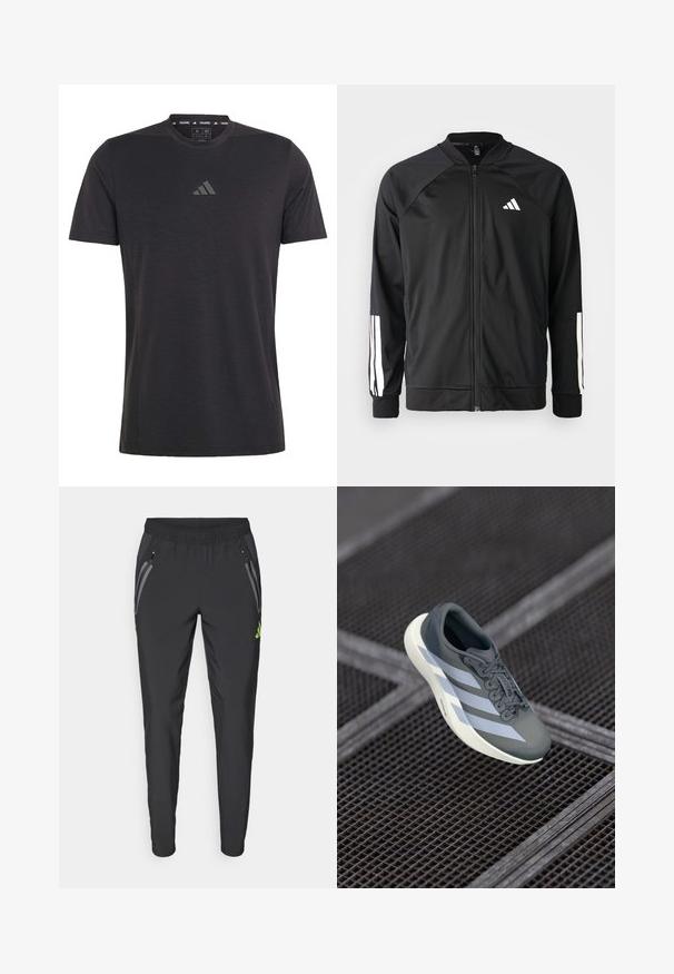 Giacca atletica nera con zip frontale, maniche raglan, logo Adidas bianco e strisce bianche sulle maniche. Tessuto liscio con polsini elasticizzati.; T-shirt da allenamento nera a maniche corte realizzata in tessuto leggero, con scollo rotondo e un sottile logo in rilievo sul petto.; adidas Performance REAL MADRID TIRO25 PRO VIS TECH TRAVEL PANT - Squadra - black/lucid lemon; Scarpa sportiva grigia e bianca, realizzata in materiale sintetico, con un design aerodinamico, finitura testurizzata e sistema di allacciatura prominente.