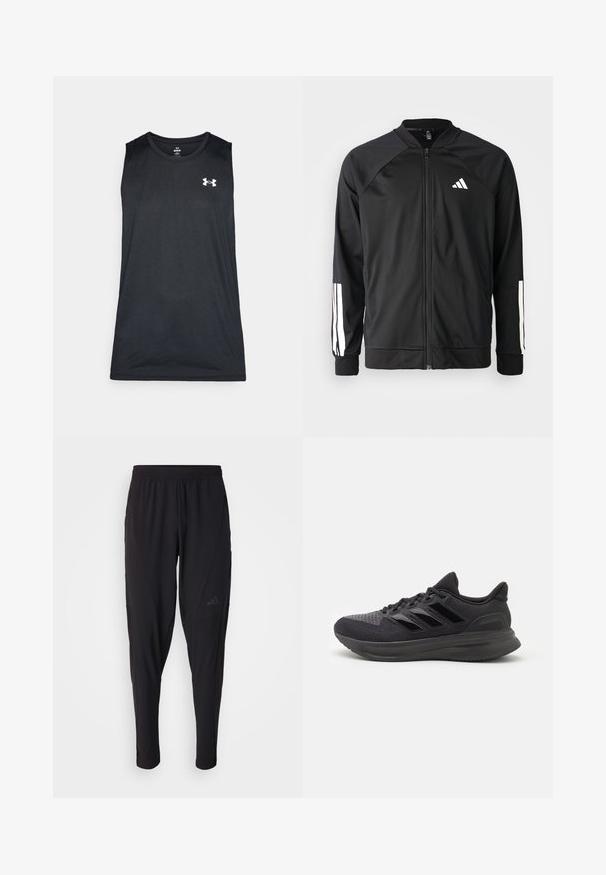 Giacca atletica nera con zip frontale, maniche raglan, logo Adidas bianco e strisce bianche sulle maniche. Tessuto liscio con polsini elasticizzati.; Maglietta atletica senza maniche nera realizzata in un materiale liscio e traspirante. Presenta un collo a giro e un logo bianco sul petto.; Pantaloni sportivi neri con vita elastica, design affusolato, tasche laterali e dettagli logo discreti. Realizzati in tessuto flessibile e traspirante.; Scarpa sportiva nera con tomaia in tessuto testurizzato, suola in gomma e tre strisce nere lucide sul lato. Punta arrotondata e tallone imbottito.