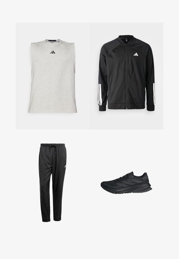 Black athletic jacket with a front zipper, raglan sleeves, white Adidas logo, and white stripes on sleeves. Smooth fabric with elastic cuffs.; Gray sleeveless athletic shirt with a crew neck. Features a small black Adidas logo on the chest. Made of soft, lightweight fabric.; Black athletic pants with elastic waistband, drawstring, cuffed ankles, and a small white logo on the right thigh.; Black Adidas running shoe with Gore-Tex upper, three stripes on the side, and "Dreamstrike" on the sole, viewed from the outer side.