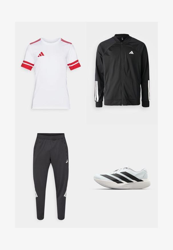 Svart sportjacka med framdraget blixtlås, raglanärmar, vitt Adidas-logotyp och vita ränder på ärmarna. Slät tyg med elastiska mudd.; Vitt atletiskt T-shirt med kort ärm och röda detaljer, inklusive randiga ärmar och axeldetaljer, tillverkat av ett slätt och hållbart tyg.; Svarta sportbyxor med avsmalnande ben, elastisk midja, sidofickor samt vitt logotyp- och randdetalj. Tillverkade av ett mjukt, lätt material.; Lätta löparskor i ljusblått med svarta ränder. Har en slät ovandel, rund tå och tjock vit mellansula märkt "LIGHTSTRIKE PRO."
