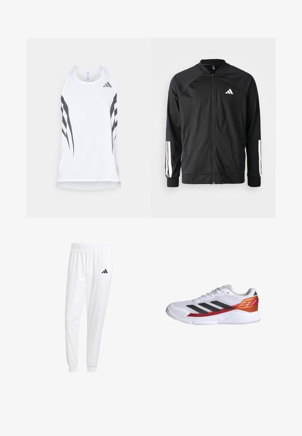 Black athletic jacket with a front zipper, raglan sleeves, white Adidas logo, and white stripes on sleeves. Smooth fabric with elastic cuffs.; White athletic tank top with mesh texture, featuring black diagonal stripes and an Adidas logo near the neckline. Racerback design.; White athletic pants made of smooth fabric, featuring an elastic waistband and fitted cuffs, with a black logo on the back pocket.; White athletic shoe with black stripes, textured mesh upper, a red and orange heel accent, and a white rubber sole.