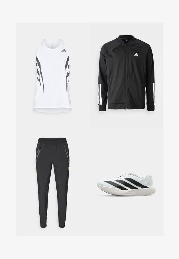 Zwarte sportjack met een rits aan de voorkant, raglanmouwen, wit Adidas-logo en witte strepen op de mouwen. Gladde stof met elastische manchetten.; Witte sportieve tanktop met meshstructuur, voorzien van zwarte diagonale strepen en een Adidas-logo bij de halslijn. Racerback ontwerp.; adidas Performance REAL MADRID TIRO25 PRO VIS TECH TRAVEL PANT - Fanartikel - black/lucid lemon; Lichte hardloopschoenen in lichtblauw met zwarte strepen. Beschikt over een soepele bovenkant, ronde neusstuk en dikke witte tussenzool met het label "LIGHTSTRIKE PRO."