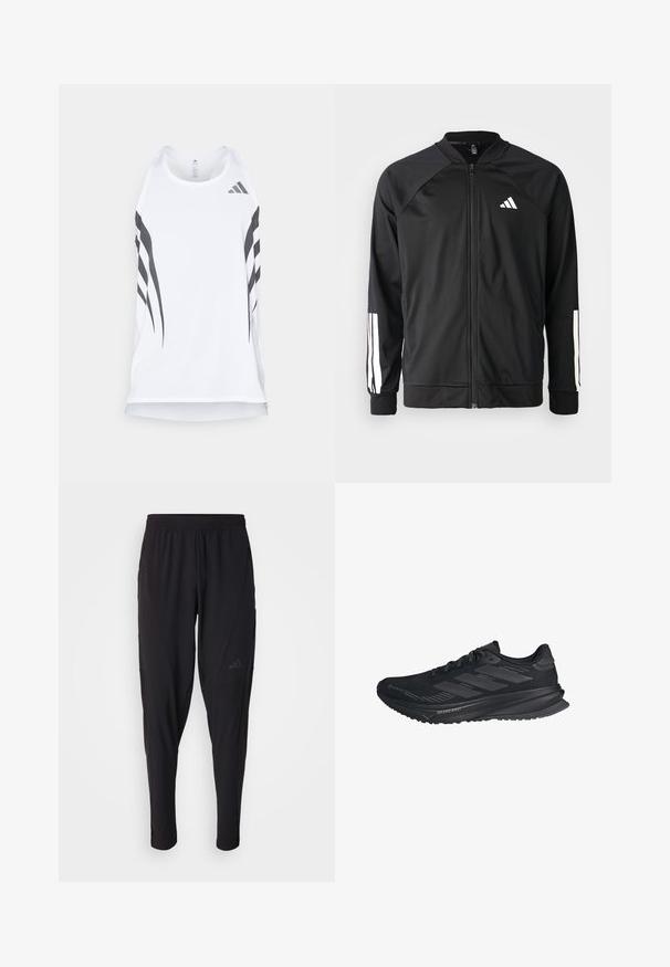 Giacca atletica nera con zip frontale, maniche raglan, logo Adidas bianco e strisce bianche sulle maniche. Tessuto liscio con polsini elasticizzati.; Canotta atletica bianca con texture a rete, caratterizzata da strisce diagonali nere e un logo Adidas vicino all'apertura del collo. Design a spartitraffico.; Pantaloni sportivi neri con vita elastica, design affusolato, tasche laterali e dettagli logo discreti. Realizzati in tessuto flessibile e traspirante.; Scarpa da corsa nera Adidas con tomaia in Gore-Tex, tre righe sul lato e "Dreamstrike" sulla suola, vista dal lato esterno.