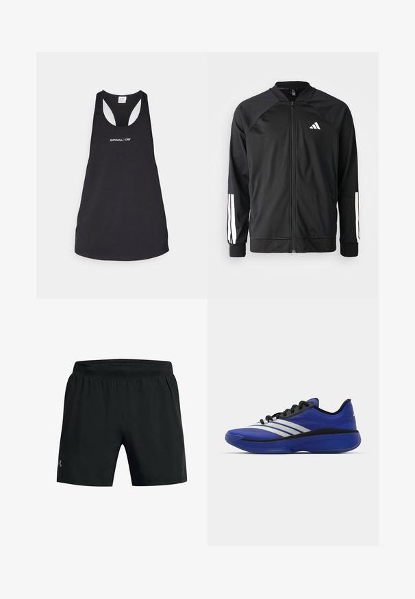 Black athletic jacket with a front zipper, raglan sleeves, white Adidas logo, and white stripes on sleeves. Smooth fabric with elastic cuffs.; Black tank top made of soft fabric featuring a round neckline and racerback design, with white text reading "ICANIWILL | CIW" on the front.; Black athletic shorts made of lightweight fabric, featuring an elastic waistband and a small logo on the left side.; adidas Performance ADIZERO SELECT 3.0 - Basketball shoes - lucid blue/core black/metallic