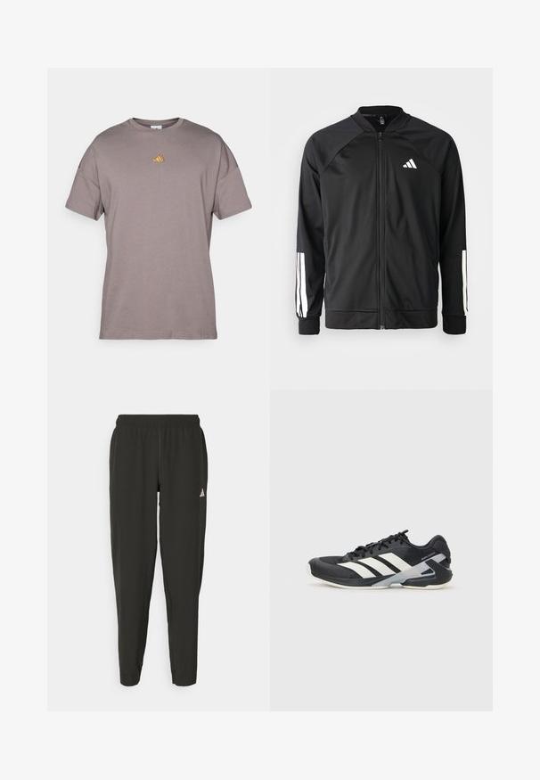 Casaco atlético preto com fecho na frente, mangas raglan, logotipo Adidas branco e riscas brancas nas mangas. Tecido suave com punhos elásticos.; T-shirt de algodão cinza com mangas curtas, apresentando um pequeno logótipo multicolorido no peito. Design de gola redonda simples, ajuste padrão.; Calças de atletismo pretas com cintura elástica, corte justo e logotipo branco na perna esquerda. Tecido liso e leve.; Sapata atlética preta com riscas brancas, parte superior em malha, biqueira arredondada e sola acolchoada. Apresenta um calcanhar texturizado e um sistema de atacadores seguro.