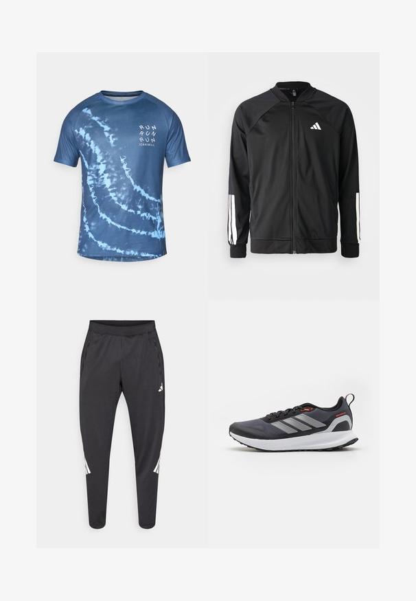 Black athletic jacket with a front zipper, raglan sleeves, white Adidas logo, and white stripes on sleeves. Smooth fabric with elastic cuffs.; Blue tie-dye short-sleeve t-shirt made of lightweight fabric. Features a spiral pattern and “RUN” text in white on the front.; Black athletic pants with tapered legs, elastic waistband, side pockets, and white logo and stripes detailing. Made from a smooth, lightweight material.; Running shoes in black with gray accents. Features a textured upper, sturdy sole, and reflective stripes. Lightweight design with a cushioned midsole.