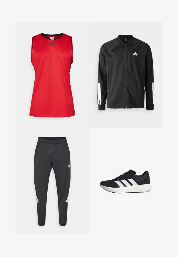 Chaqueta deportiva negra con cremallera frontal, mangas raglán, logo de Adidas en blanco y rayas blancas en las mangas. Tejido suave con puños elásticos.; Camiseta deportiva sin mangas roja con detalles en negro. Fabricada en una tela suave, presenta un escote en V y el logo de Adidas en gris oscuro en el pecho.; Pantalones deportivos negros con piernas ajustadas, cintura elástica, bolsillos laterales y detalles en logo y rayas blancas. Hechos de un material suave y ligero.; Zapatilla deportiva negra con parte superior de malla transpirable, tres franjas blancas en el lateral, suela de goma resistente y diseño minimalista.