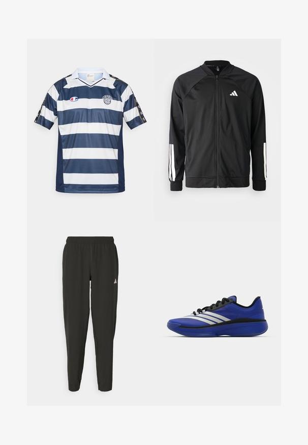 Black athletic jacket with a front zipper, raglan sleeves, white Adidas logo, and white stripes on sleeves. Smooth fabric with elastic cuffs.; Navy and white striped polyester jersey with a V-neck, short sleeves, and logo detail on the chest and sleeves.; Black athletic pants with an elastic waistband, slim fit, and white logo on the left leg. Smooth, lightweight fabric.; adidas Performance ADIZERO SELECT 3.0 - Basketball shoes - lucid blue/core black/metallic