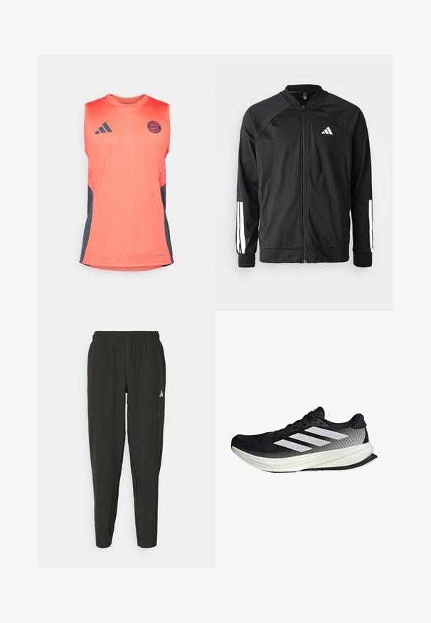 Black athletic jacket with a front zipper, raglan sleeves, white Adidas logo, and white stripes on sleeves. Smooth fabric with elastic cuffs.; Coral sleeveless athletic shirt with dark gray side panels. Features Adidas logo and FC Bayern Munich emblem. Made of lightweight fabric.; Black athletic pants with an elastic waistband, slim fit, and white logo on the left leg. Smooth, lightweight fabric.; Black athletic shoe with a mesh design, featuring white stripes, a rounded toe, and a textured sole for grip and support.