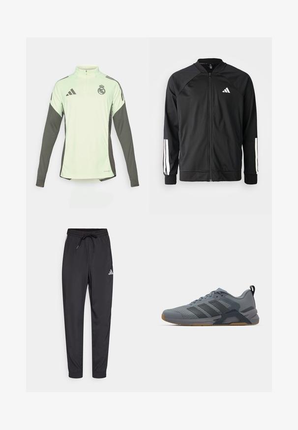 Czarna kurtka sportowa z zamkiem z przodu, raglanowymi rękawami, białym logo Adidas oraz białymi paskami na rękawach. Gładki materiał z elastycznymi mankietami.; Jasnozielona, długorękawowa koszulka z ciemnoszarymi akcentami, z półzamkiem przy dekolcie oraz logo Real Madrid. Wykonana z oddychającego materiału.; Czarne spodenki sportowe wykonane z lekkiego materiału, z elastycznym pasem, sznurkiem do regulacji oraz małym białym logo z boku.; Szare buty sportowe z teksturowaną cholewką, trzema ciemnoszarymi paskami, gumową podeszwą i wzmocnionym zapiętkiem. Charakteryzują się eleganckim designem.