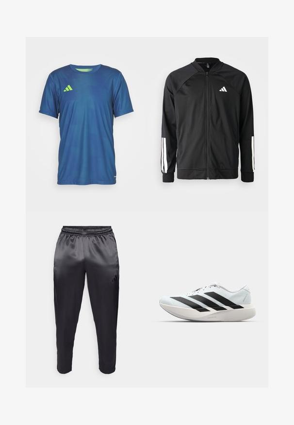 Crna sportska jakna s prednjim zatvaračem, raglan rukavima, bijelim Adidas logom i bijelim prugama na rukavima. Glatka tkanina s elastičnim manžetama.; Plava atletska majica od lagane tkanine, s okruglim izrezom, kratkim rukavima i zelenim logotipom na lijevoj strani prsiju.; Crne atletske hlače napravljene od glatkog, laganog materijala s elastičnom trakom u struku. Imaju mali logo s lijeve strane i sužene nogavice.; Lagane tenisice za trčanje u svijetloplavoj boji s crnim trakama. Imaju glatku gornju površinu, okrugli vrh i debeli bijeli srednji sloj označen "LIGHTSTRIKE PRO."