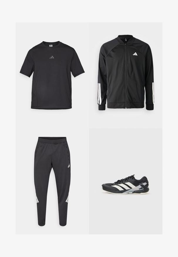 Black athletic jacket with a front zipper, raglan sleeves, white Adidas logo, and white stripes on sleeves. Smooth fabric with elastic cuffs.; Black athletic t-shirt made of breathable material, featuring short sleeves, a round neck, and a reflective logo on the chest.; Black athletic pants with tapered legs, elastic waistband, side pockets, and white logo and stripes detailing. Made from a smooth, lightweight material.; Black athletic shoe with white stripes, mesh upper, rounded toe, and cushioned sole. Features a textured heel and secure lacing system.