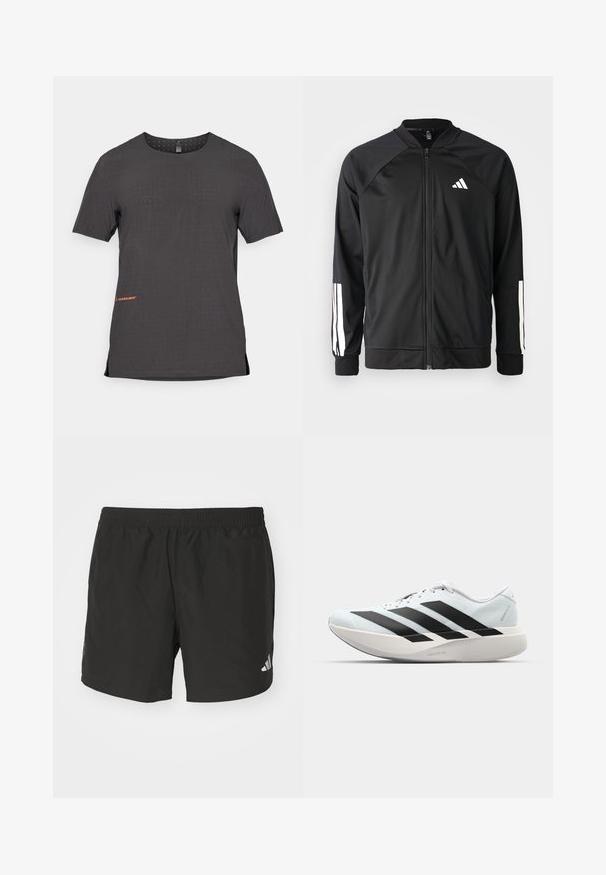Casaco atlético preto com fecho na frente, mangas raglan, logotipo Adidas branco e riscas brancas nas mangas. Tecido suave com punhos elásticos.; T-shirt atlético preto de mangas curtas com padrão perfurado, fendas laterais e detalhe do logotipo laranja na bainha. Tecido suave e leve.; Calças de desporto pretas com cintura elástica, rachas laterais e detalhes reflectores no logótipo. Feitas de um tecido leve e suave.; Tênis de corrida leves em azul pálido com riscas pretas. Apresentam um cabedal liso, bico redondo e uma entressola espessa branca rotulada como "LIGHTSTRIKE PRO."