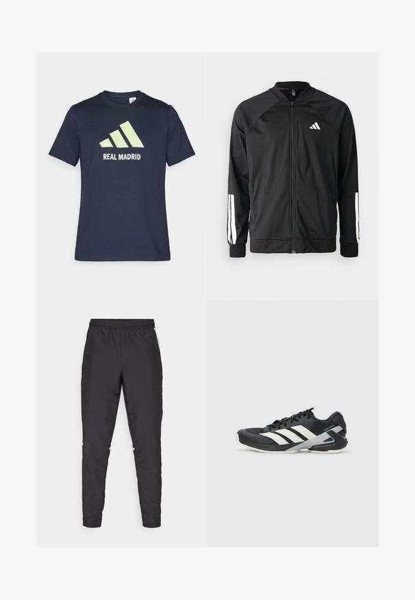 Veste de sport noire avec fermeture éclair à l'avant, manches raglan, logo Adidas blanc et bandes blanches sur les manches. Tissu lisse avec des poignets élastiques.; T-shirt en coton bleu marine avec un grand logo Adidas vert clair et le texte "REAL MADRID" en blanc. Manches courtes, design classique à col rond.; Pantalons de sport noirs avec une taille élastique, des jambes fuselées et des accents blancs sur les côtés. Fabriqués à partir de matériau synthétique avec une texture lisse.; Chaussure de sport noire avec des rayures blanches, tige en mesh, bout arrondi et semelle rembourrée. Comprend un talon texturé et un système de laçage sécurisé.