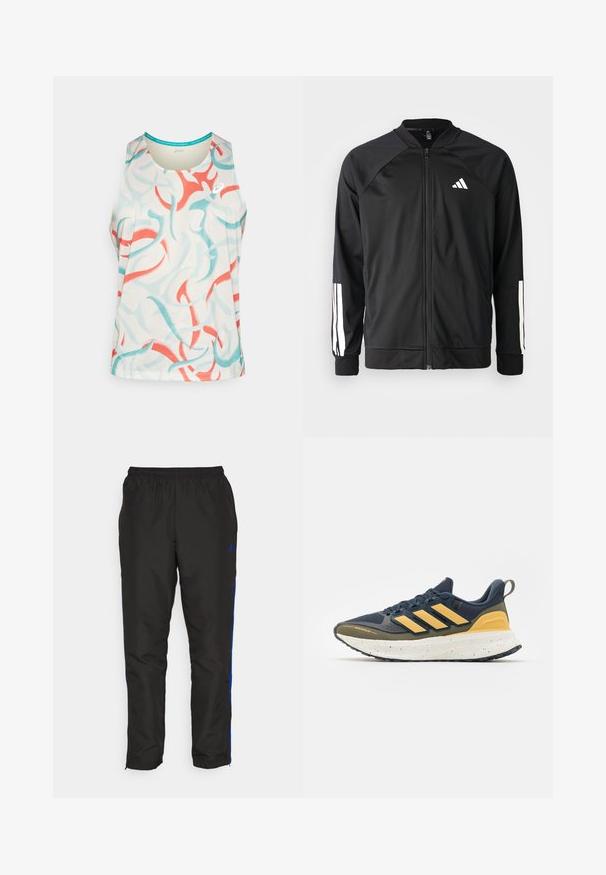 Chaqueta deportiva negra con cremallera frontal, mangas raglán, logo de Adidas en blanco y rayas blancas en las mangas. Tejido suave con puños elásticos.; Camiseta sin mangas de entrenamiento en un color crema claro, con remolinos abstractos en azul y coral. Fabricada con un tejido transpirable y con cuello redondo.; Pantalones de chándal negros con franjas laterales azules, cinturilla elástica, textura suave y piernas ajustadas. Presenta un logo cerca de la cinturilla.; Zapatilla deportiva azul marino con acentos amarillos, que presenta un upper texturizado, una suela acolchada y una entresuela moteada. Material repelente al agua.