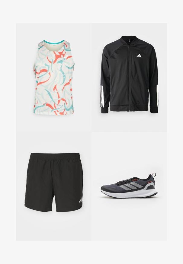 Giacca atletica nera con zip frontale, maniche raglan, logo Adidas bianco e strisce bianche sulle maniche. Tessuto liscio con polsini elasticizzati.; Canotta sportiva senza maniche di un colore crema chiaro, con motivi astratti blu e corallo. Realizzata in tessuto traspirante con scollatura rotonda.; Pantaloni corti sportivi neri con vita elastica, fessure laterali e dettagli riflettenti del logo. Realizzati in un tessuto leggero e liscio.; Scarpe da corsa nere con accenti grigi. Presentano una tomaia testurizzata, una suola robusta e strisce riflettenti. Design leggero con un midsole ammortizzato.