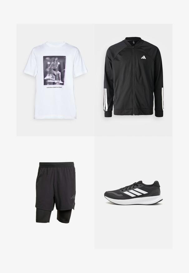 Sort atletisk jakke med lynlås foran, raglanærmer, hvidt Adidas-logo og hvide striber på ærmerne. Glat stof med elastiske manchetter.; Hvid bomulds t-shirt med et grafisk print af en basketballspiller og teksten "adidas basketball" under billedet. Korte ærmer og rund halsudskæring.; Svarte atletiske shorts med integreret inderlag, lavet af åndbart stof. Har diskret logo og struktureret tekstur. Justerbar talje.; Sort atletik sko med åndbart mesh-overdel, hvide accenter og en polstret sål. Har tre-stripes logo på siden.