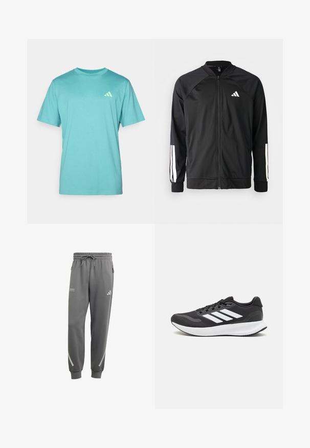 Crna sportska jakna s prednjim zatvaračem, raglan rukavima, bijelim Adidas logom i bijelim prugama na rukavima. Glatka tkanina s elastičnim manžetama.; Tirkizna majica s kratkim rukavima od pamuka, s okruglim izrezom i malim bijelim Adidas logotipom na lijevoj strani prsnog dijela.; Sive odjeće za sport s elastičnom trakicom u struku, vezicom, bočnim džepovima i reflektirajućim detaljima; izrađene od teksturirane tkanine za udobnost.; Crne atletske tenisice s prozračnom mrežicom na gornjem dijelu, bijelim akcentima i mekanim potplatom. Imaju logo s tri pruge sa strane.