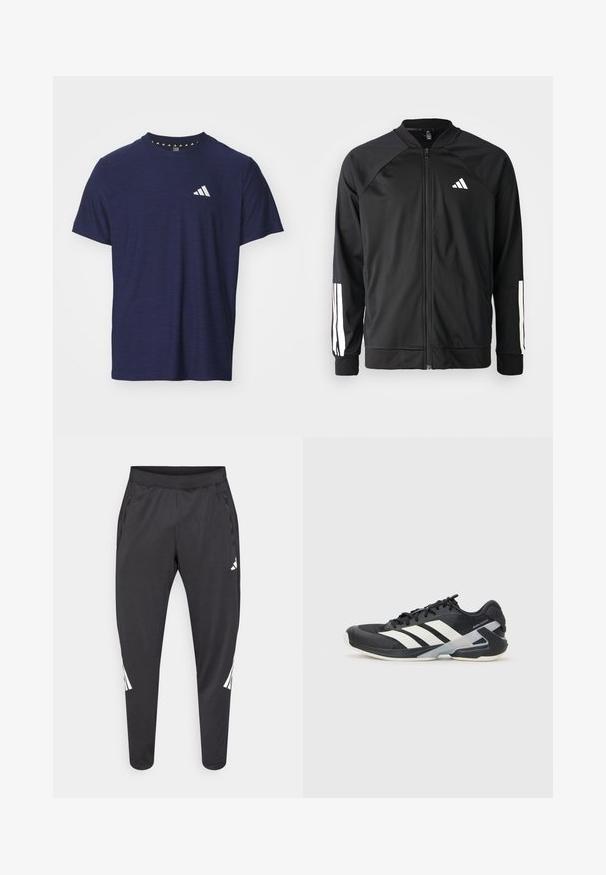 Svart sportjacka med framdraget blixtlås, raglanärmar, vitt Adidas-logotyp och vita ränder på ärmarna. Slät tyg med elastiska mudd.; Mörkblå t-shirt med kort ärm i strukturväv, rund halsringning och en vit logotypdesign på vänster bröst.; Svarta sportbyxor med avsmalnande ben, elastisk midja, sidofickor samt vitt logotyp- och randdetalj. Tillverkade av ett mjukt, lätt material.; Svart atletisk sko med vita ränder, mesh-övre, rund tå och dämpad sula. Har en strukturerad häl och ett säkert snörningssystem.