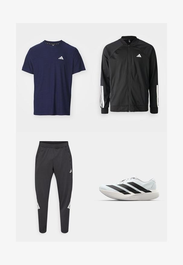 Musta urheilujakku, jossa on vetoketju edessä, raglan-hihat, valkoinen Adidas-logo ja valkoiset raidat hihoissa. Sujuva kangas ja joustavat hihansuut.; Tummansininen lyhythihainen t-paita, joka on valmistettu teksturoidusta kankaasta, pyöreällä kaula-aukolla ja valkoisella logo-suunnittelulla vasemmassa rintataskussa.; Mustat urheiluhousut kapeilla lahkeilla, joustavalla vyötärönauhalla, sivutaskuilla sekä valkoisella logolla ja raidallisilla yksityiskohdilla. Valmistettu sileästä, kevyestä materiaalista.; Kevyt juoksukengät vaaleansinisinä mustilla raidoilla. Ominaisuuksiin kuuluu sileä pinta, pyöreä kärki ja paksu valkoinen välipohja, joka on merkitty "LIGHTSTRIKE PRO".