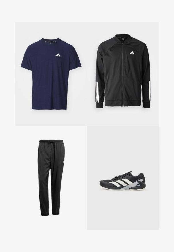 Černá sportovní bunda s předním zipem, raglánovými rukávy, bílým logem Adidas a bílými pruhy na rukávech. Hladká tkanina s elastickými manžetami.; Námořnická modrá tričko s krátkým rukávem vyrobené z texturované tkaniny, s kulatým výstřihem a bílým logem na levé hrudi.; Černé sportovní kalhoty s elastickým pasem, šňůrkou, manžetami na kotnících a malým bílým logem na pravém stehně.; Černá sportovní obuv s bílými pruhy, síťovaným svrškem, zaoblenou špičkou a polstrovanou podrážkou. Obsahuje texturovanou patu a bezpečný systém šněrování.