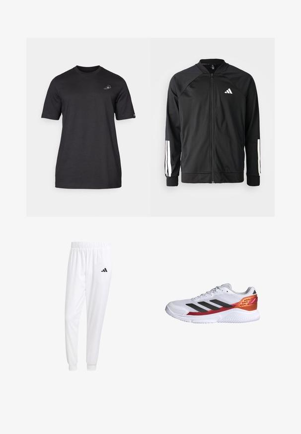 Veste de sport noire avec fermeture éclair à l'avant, manches raglan, logo Adidas blanc et bandes blanches sur les manches. Tissu lisse avec des poignets élastiques.; T-shirt noir à manches courtes en tissu doux. Doté d'un petit logo brodé sur la poitrine gauche. Design classique à col rond.; Pantalons de sport blancs en tissu lisse, dotés d'une taille élastique et de poignets ajustés, avec un logo noir sur la poche arrière.; Chaussure de sport blanche avec des rayures noires, une tige en mesh texturée, un accent rouge et orange au talon, et une semelle en caoutchouc blanche.