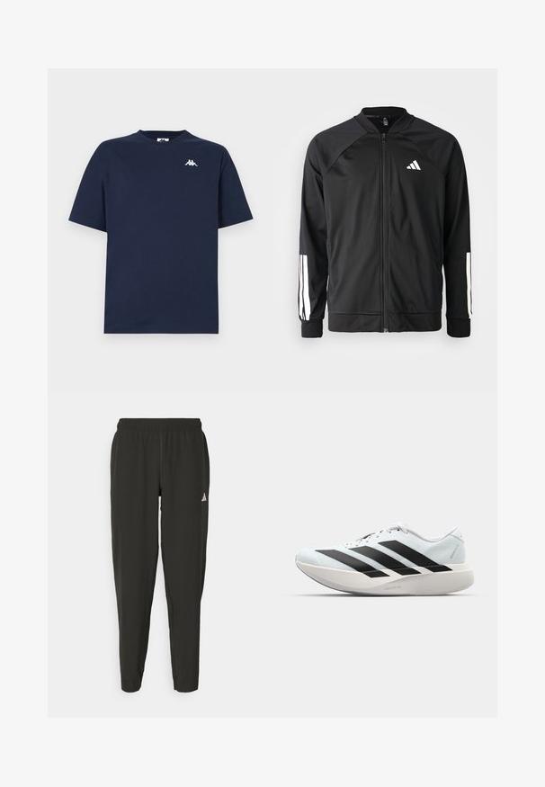 Juodas sportinis džemperis su priekiniais užtrauktukais, raglano stiliaus rankovėmis, balta Adidas logotipu ir baltais juostelėmis ant rankovių. Lygus audinys su elastingomis rankovėmis.; Tamsiai mėlyna trumpomis rankovėmis apvalios iškirptės marškinėliai su maža balta logotyvu, vaizduojančiu dvi sėdinčias figūras nugara į nugarą, kairiajame krūtinės viršuje.; Juodos sportinės kelnės su elastingu liemeniu, siauro kirpimo, baltu logotipu kairėje kojoje. Lygus, lengvas audinys.; Lengvi bėgimo batai šviesiai mėlynos spalvos su juodomis juostelėmis. Yra lygus viršus, apvalus pirštas ir storas baltas vidpadis su užrašu "LIGHTSTRIKE PRO."
