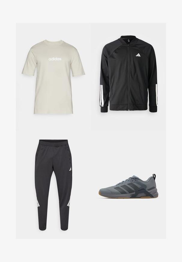 Jachetă sport neagră, cu fermoar frontal, mâneci raglan, logo Adidas alb și dungi albe pe mâneci. Material neted, cu manșete elastice.; Tricou de culoare bej deschis, fabricat din bumbac, cu guler rotund, mâneci scurte și un logo alb "adidas" imprimat pe față. Textură netedă.; Pantaloni atletici negri cu picioare conice, talie elastică, buzunare laterale și detalii albe cu logo și dungi. Confecționați dintr-un material neted și ușor.; Shoe sport gri cu un superior texturat, trei dungi gri închis, talpă din cauciuc și un contrafort întărit la călcâi. Prezintă un design elegant.