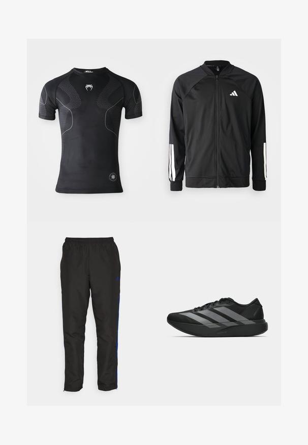 Black athletic jacket with a front zipper, raglan sleeves, white Adidas logo, and white stripes on sleeves. Smooth fabric with elastic cuffs.; Black short-sleeve athletic shirt with textured panels, white thin curved lines, a fang logo on chest, and a round performance badge near the hem.; Black track pants with blue side stripes, elastic waistband, smooth texture, and tapered legs. Features logo near the waistband.; Black athletic shoes with a lightweight design, featuring three prominent gray stripes, a smooth texture, and a contoured sole.