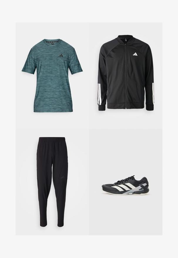 Casaco atlético preto com fecho na frente, mangas raglan, logotipo Adidas branco e riscas brancas nas mangas. Tecido suave com punhos elásticos.; T-shirt atlético azul-esverdeado com mangas curtas, tecido texturizado, gola redonda e um logótipo preto no lado esquerdo do peito. Apresenta riscas horizontais.; Calças atléticas pretas com um cós elástico, design afunilado, bolsos laterais e detalhe discreto do logótipo. Feitas de um tecido flexível e respirável.; Sapata atlética preta com riscas brancas, parte superior em malha, biqueira arredondada e sola acolchoada. Apresenta um calcanhar texturizado e um sistema de atacadores seguro.