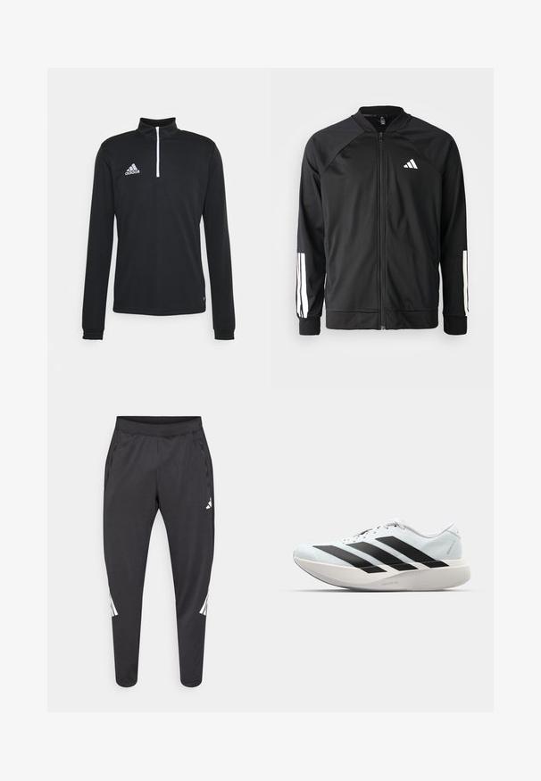 Schwarze Sportjacke mit einem Frontreißverschluss, Raglanärmeln, weißem Adidas-Logo und weißen Streifen an den Ärmeln. Glattes Gewebe mit elastischen Bündchen.; Schwarzes, langärmeliges Sportoberteil mit einem halben Reißverschluss und Kragen. Verfügt über weiße Akzentnähte und ein gesticktes Logo auf der linken Brust.; Schwarze Sporthose mit zulaufenden Beinen, elastischem Bund, Seitentaschen und weißen Logo- und Streifendetails. Hergestellt aus einem glatten, leichten Material.; Leichte Laufschuhe in hellblau mit schwarzen Streifen. Sie verfügen über ein glattes Obermaterial, eine runde Zehenpartie und eine dicke weiße Zwischensohle, die mit "LIGHTSTRIKE PRO" beschriftet ist.