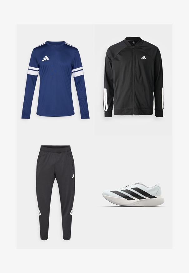 Sort atletisk jakke med lynlås foran, raglanærmer, hvidt Adidas-logo og hvide striber på ærmerne. Glat stof med elastiske manchetter.; Langærmet atletisk skjorte i mørkeblå stof. Har hvide striber på ærmerne og tre hvide striber på skulderen. Adidas-logo på brystet.; Sorte atletikbukser med smalle ben, elastisk taljebånd, sidelommer og hvide logoer samt stribedetaljer. Fremstillet af et glat, let materiale.; Letvægtige løbesko i lys blå med sorte striber. Har en glat overdel, rund tå og tyk hvid mellemsål mærket "LIGHTSTRIKE PRO."