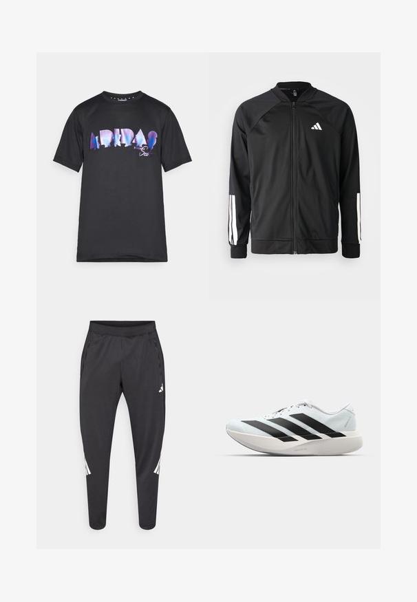 Melna sporta jaka ar priekšējo rāvējslēdzēju, raglanu piedurknēm, baltu Adidas logo un baltām svītrām uz piedurknēm. Gluda auduma sastāvs ar elastīgām aprocēm.; Melns T-krekls ar lielu, daudzkrāsainu grafisko apdruku, kurā redzams teksts "ADIDAS" un silueti. Īsas piedurknes, apaļas kakla dizains.; Melnas sporta bikses ar šaurākiem galiem, elastīgu jostasvietu, sānu kabatām, kā arī baltu logo un svītru detaļām. Izgatavotas no gluda, viegla materiāla.; Gaiši zili vieglie skriešanas apavi ar melniem svītrainiem. Iezīmēti ar gludu augšpusi, apaļu purngalu un biezāko balto vidējo zoli, kurā ir uzraksts "LIGHTSTRIKE PRO."