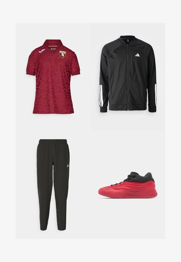 Casaco atlético preto com fecho na frente, mangas raglan, logotipo Adidas branco e riscas brancas nas mangas. Tecido suave com punhos elásticos.; Camisola vermelha com um padrão texturizado subtil, apresentando um colarinho clássico e o logótipo do Torino FC no peito. Mangas curtas e tecido respirável.; Calças de atletismo pretas com cintura elástica, corte justo e logotipo branco na perna esquerda. Tecido liso e leve.; Sapatos de atletismo vermelhos com um design texturizado, apresentando um cabedal preto, sola de borracha lisa e atacadores. Listras horizontais notáveis nas laterais.