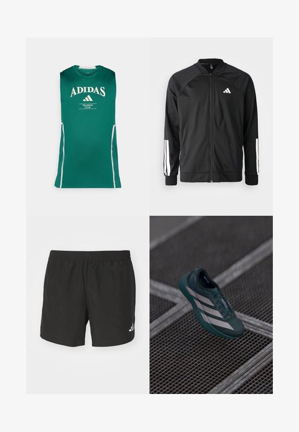 Crna sportska jakna s prednjim zatvaračem, raglan rukavima, bijelim Adidas logom i bijelim prugama na rukavima. Glatka tkanina s elastičnim manžetama.; Zelena bezrukavna sportska majica od lagane tkanine, s bijelim "ADIDAS" logotipom i sivim bočnim detaljima.; Crne atletske kratke hlače s elastičnim pojasom, bočnim prorezima i reflektirajućim logotipovima. Izrađene od lagane, glatke tkanine.; Tamno plavi sportski model cipela s teksturiranim gornjim dijelom, s tri bijele pruge, okruglim vrhom i uloškom za ublažavanje.