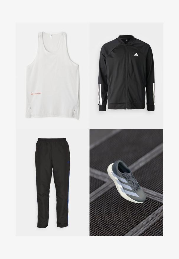 Chaqueta deportiva negra con cremallera frontal, mangas raglán, logo de Adidas en blanco y rayas blancas en las mangas. Tejido suave con puños elásticos.; Camiseta sin mangas blanca hecha de una tela ligera, con pequeños patrones de puntos y aberturas en los laterales. Logo de la marca en rojo en la parte inferior izquierda.; Pantalones de chándal negros con franjas laterales azules, cinturilla elástica, textura suave y piernas ajustadas. Presenta un logo cerca de la cinturilla.; Zapatilla deportiva en gris y blanco, hecha de material sintético, con un diseño aerodinámico, acabado texturizado y un sistema de cordones prominente.